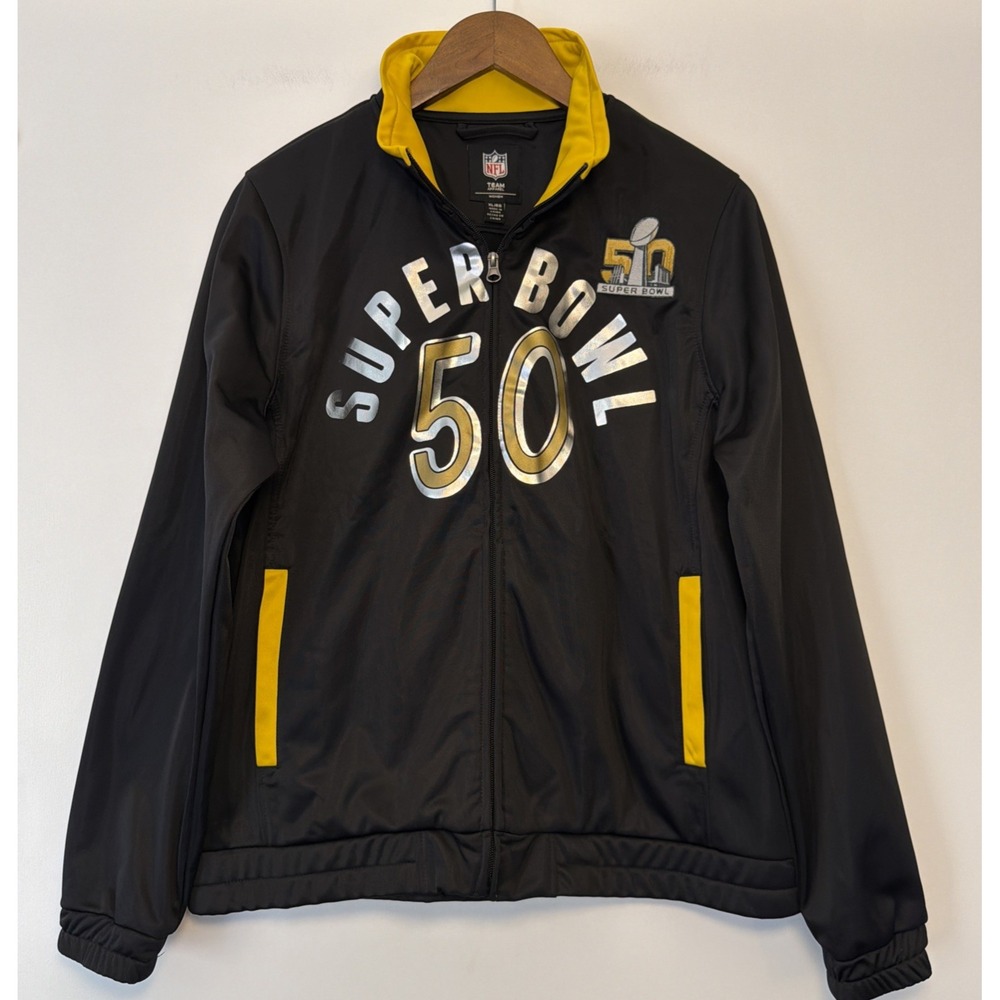 NFL Team Apparel Super Bowl 50 Jacket Womens XL Black Full Zip Football Graphics